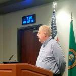 Jeff Oliphant addresses the Auburn City Council Monday evening before its vote to recommend Sound Transit pick the old Mels Lumber property as the site for the second transit parking garage. ROBERT WHALE, Auburn Reporter