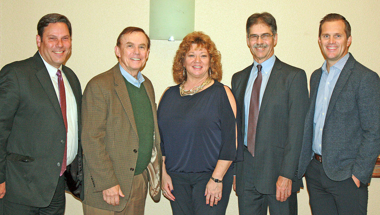 Attending the breakfast are, from left: Federal Way Mayor Jim Ferrell; King County Council member Pete von Reichbauer; Auburn Mayor Nancy Backus; Dr. Steve Lerch, executive director and chief economist of the Washington State Economic and Revenue Forecast Council; and Jamas Gwilliam representing the new owners of The Commons. COURTESY PHOTO