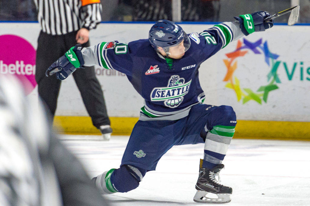 The Thunderbirds Zack Andrusiak celebrates after scoring one of his two goals in a 6-3 win over Regina on Wednesday night. COURTESY PHOTO, Brian Liesse, T-Birds