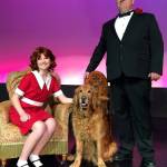Annika Jancola as Annie, Copper Eby as Sandy and Patrick Roduin as Oliver Warbucks in Heavier Than Air Family Theatre Companys upcoming production of Annie. COURTESY PHOTO