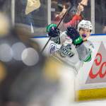 The Thunderbirds Donovan Neuls exults after scoring the game-winning, shootout goal against the Wheat Kings on Tuesday night. COURTESY PHOTO, Brian Liesse/T-Birds