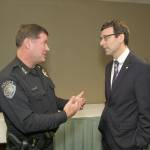 State Attorney General Bob Ferguson, right, chats with Kent Police Chief Ken Thomas during his visit to Kent on Tuesday. COURTESY PHOTO, Don Dinsmore