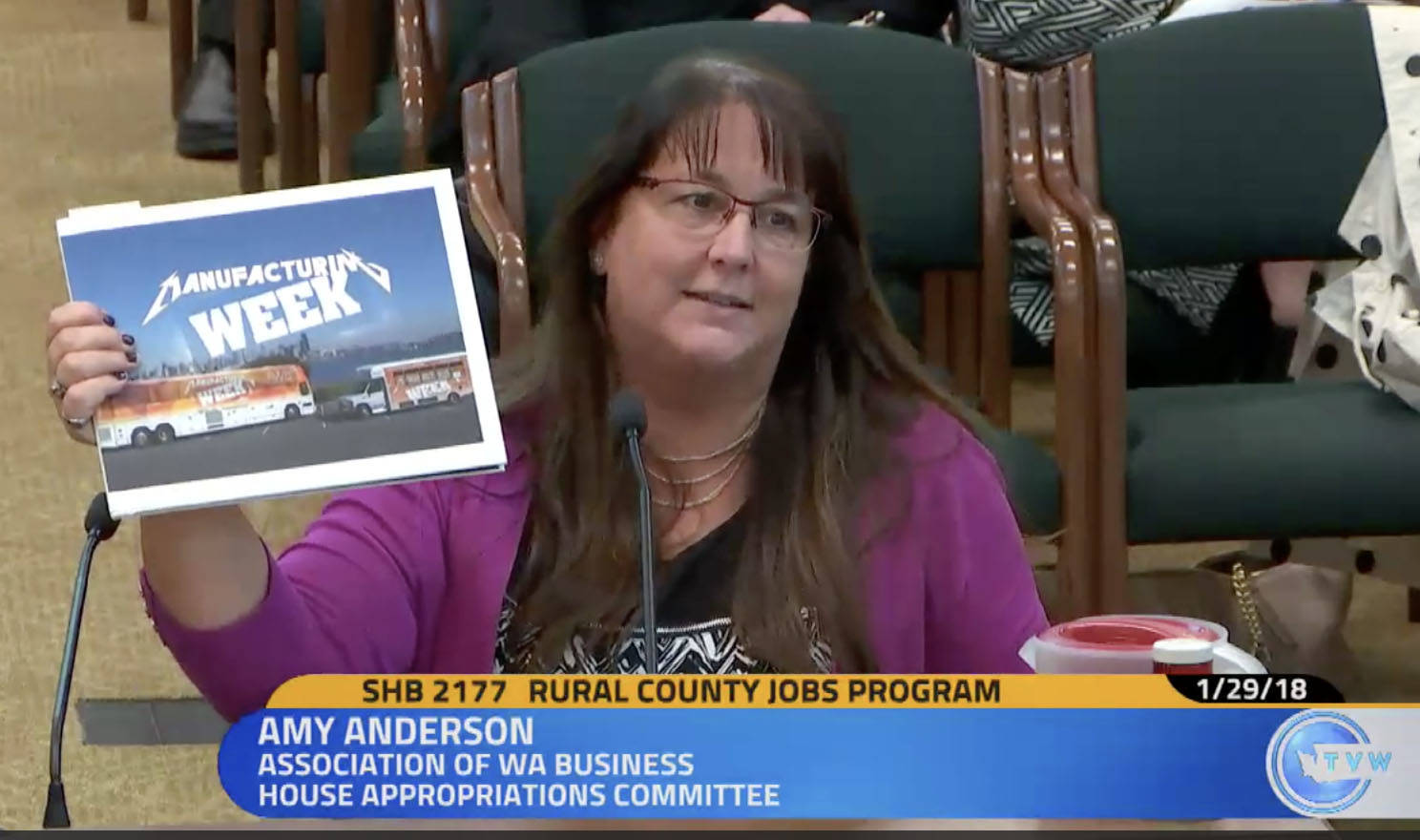 Amy Anderson, government affairs director of the Association of Washington Businesses, shows lawmakers the associations review of 70 Washington manufacturers at the hearing for HB 2177 on Monday, Jan. 29. She said every industry expressed a need for skilled workers. Screenshot courtesy of TVW