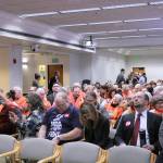 The Alliance for Gun Responsibility, wearing orange, and gun rights activists packed the Senate Ways and Means hearing room. Photo by Taylor McAvoy