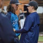 Auburn Riverside coach Marcus Evans talks to pitcher Dylan Ostler during the Ravens 3-2 loss to Kentlake on Monday night. RACHEL CIAMPI, Auburn Reporter
