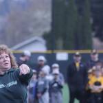 Mayor Nancy Backus, a lefty, throws out the ceremonial first pitch. MARK KLAAS, Auburn Reporter