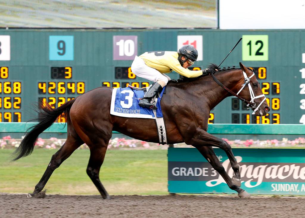 Gold Rush Dancer, with Evin Roman in the irons, captured the 82nd running of the Longacres Mile (Grade 3) at Emerald Downs last year. COURTESY TRACK PHOTO