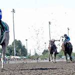 Riser, left, holds off Barkley, far right, in the Mt. Rainier Stakes last Sunday at Emerald Downs in Auburn. COURTESY PHOTO, Emerald Downs