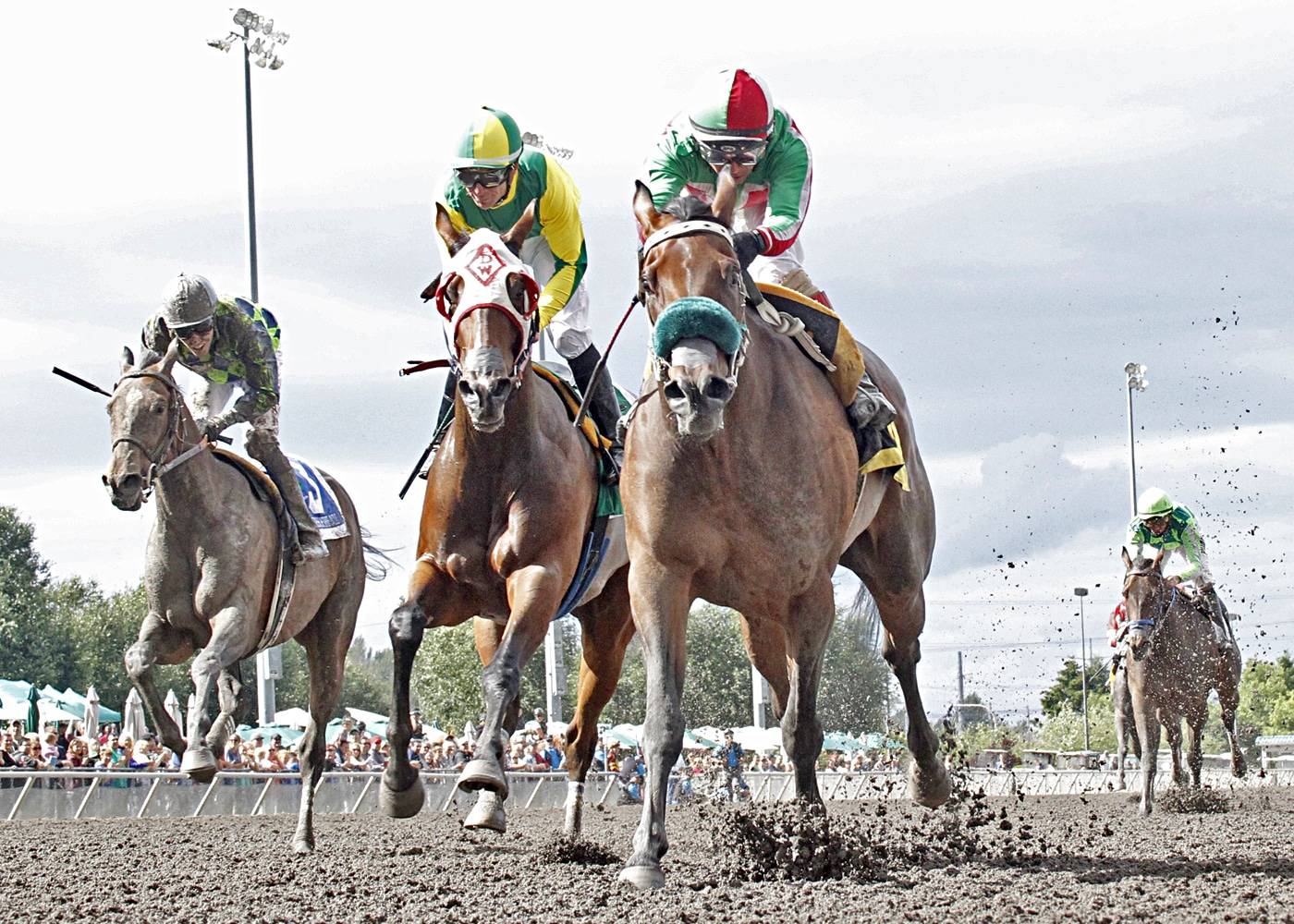 Diamonds R, right, scores a $28.20 upset over Bella Mia in the Irish Day Stakes. COURTESY TRACK PHOTO