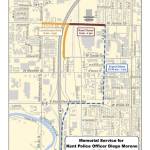 This map shows street closures and where to expect delays on Tuesday, July 31, during the police procession and memorial service for Kent Police Officer Diego Moreno. COURTESY MAP, city of Kent