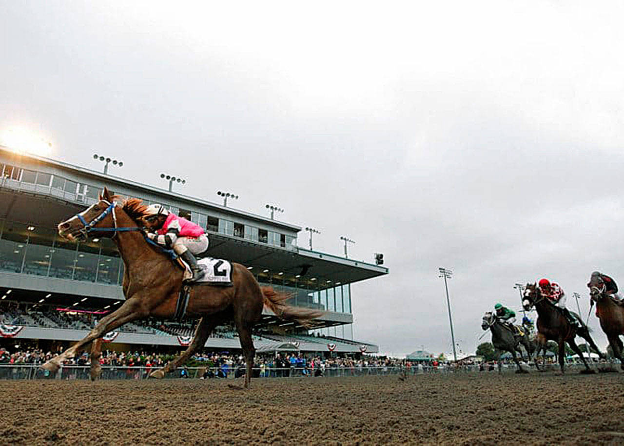 Sippin Fire, with Rocco Bowen up, streaks to victory in the $50,000 Washington Cup Sophomore Stakes for 3-year-old colts and geldings at Emerald Downs on Sunday. COURTESY TRACK PHOTO