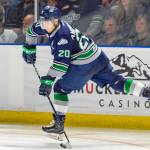 The Thunderbirds Dillon Hamaliuk fires a shot against the Portland Winterhawks during season-opening WHL play at the accesso ShoWare Center on Saturday night. COURTESY PHOTO, Brian Liesse, Thunderbirds