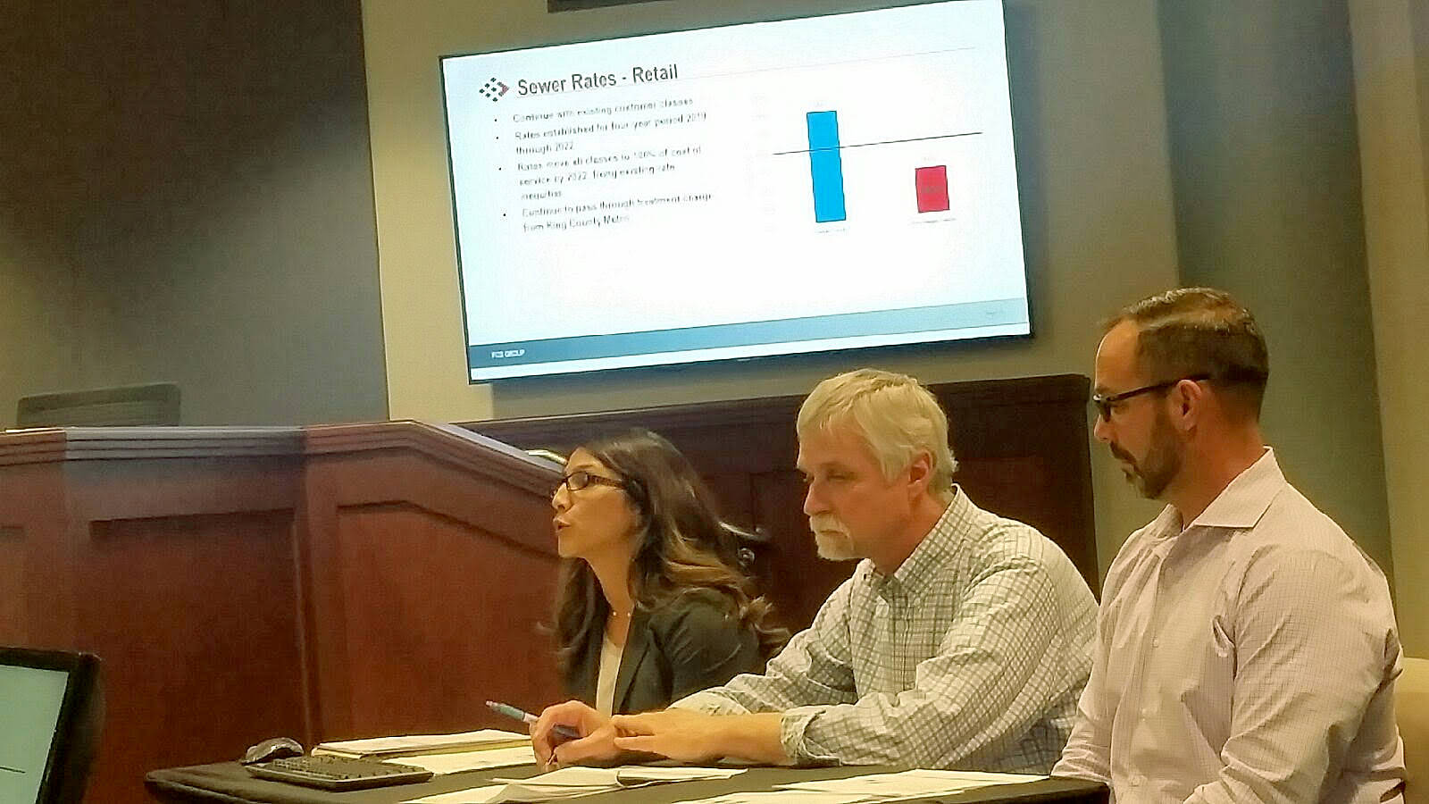 From left, Angie Sanchez of the FCS Group, a consulting firm, explains proposed utility rate increases to the Auburn City Council on Monday at City Hall. She is flanked on her left by Bob Brooks, the citys financial planning manager, and Kevin Fuhrer, the citys systems finance director. ROBERT WHALE, Auburn Reporter