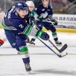 The Thunderbirds Simon Kubicek fires a shot during WHL play against Kelowna on Saturday night. COURTESY PHOTO, Brian Liesse, T-Birds