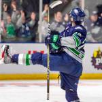 The Thunderbirds Jake Lee celebrates his third-period power play goal during WHL play against Kelowna on Saturday night. COURTESY PHOTO, Brian Liesse, T-Birds