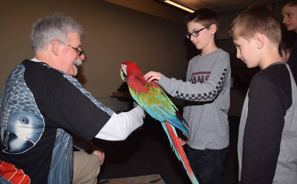 Russ Campbell has Alec, 12, and Leon Perry, 8, pet his room bird Molly. RACHEL CIAMPI, Auburn Reporter