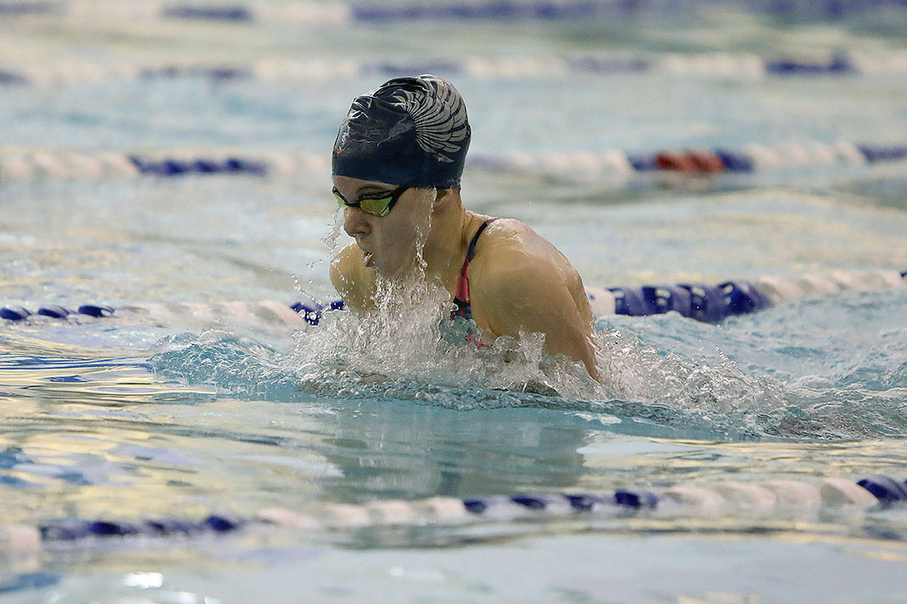 Auburn Riversides Ashley Ray competes in the 100-yard breaststroke at the district meet. Ray finished fifth in the event. COURTESY PHOTO, Tracy Arnold