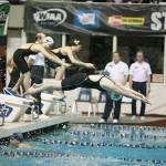 Auburn Riversides Kyra Brandt launches her 50-yard freestyle anchor leg in the 200-yard medley relay at the 4A state meet last Saturday. COURTESY PHOTO, Tracy Arnold