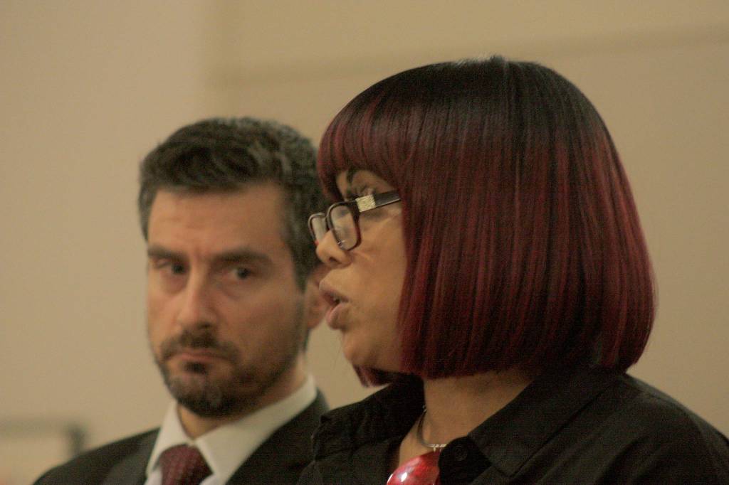 LaDonna Horne addresses the court on Friday, with King County Senior Deputy Prosecuting Attorney Stephen Herschkowitz. MARK KLAAS, Kent Reporter