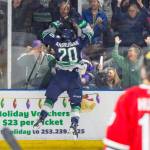 The Thunderbirds Zack Andrusiak celebrates his breakaway goal in the third period against the Winterhawks on Saturday night. COURTESY PHOTO, Brian Liesse, T-Birds