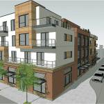 An early conception of what a future apartment building on the Heritage site could look like. In this image, East Main Street is on the right and the B Street Plaza is on the left. Courtesy rendering