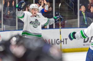 The Thunderbirds Matthew Wedman celebrates his game-winning overtime goal against Medicine Hat at the accesso ShoWare Center on Saturday night. COURTESY PHOTO, Brian Liesse, T-Birds