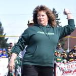 Mayor Nancy Backus, a crafty lefty, throws out the ceremonial first pitch. RACHEL CIAMPI, Auburn Reporter