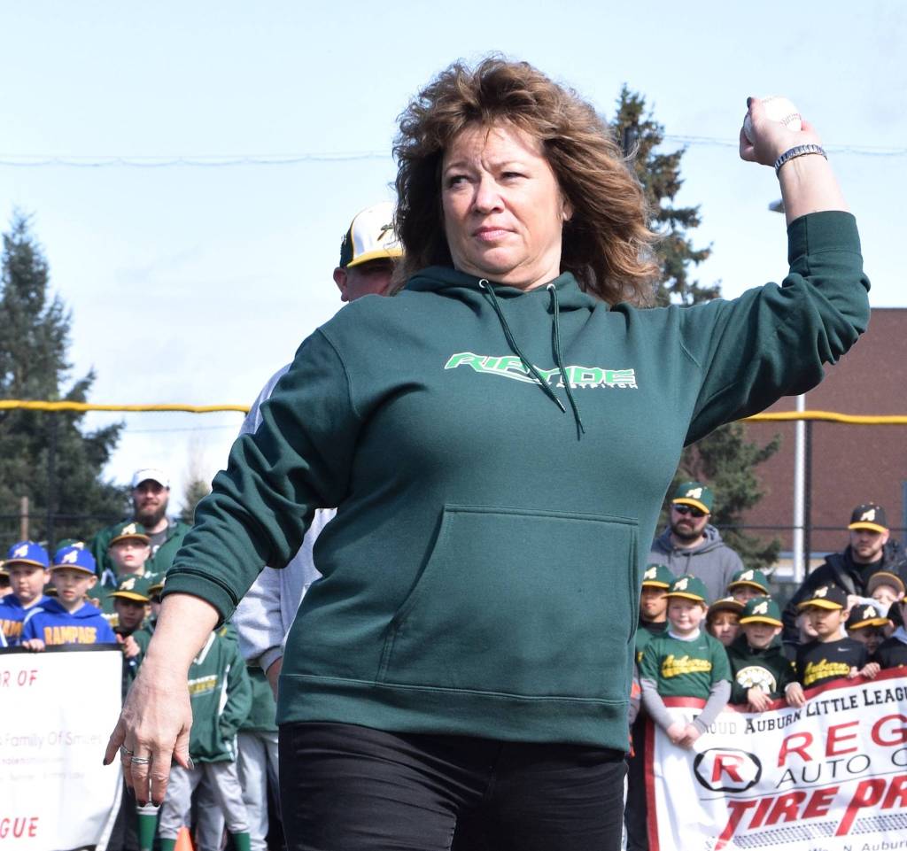 Mayor Nancy Backus, a crafty lefty, throws out the ceremonial first pitch. RACHEL CIAMPI, Auburn Reporter