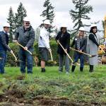 School and project leaders gather for the official groundbreaking of Auburns 15th elementary school on acreage off Kersey Way Southeast. Those represented at the shovel ceremony last Saturday are, from left: Bob Lindstrom of BLRB Architects, Tacoma; Brock McNally of Absher Construction Company, Puyallup; Auburn School District Superintendent Alan Spicciati; school board president Ryan Van Quill; school board members Robyn Mulenga and Laurie Bishop; Evergreen Heights Elementary School Principal Anne Gayman; and school board member Laura Theimer. RACHEL CIAMPI, Auburn Reporter