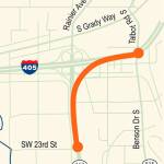 The I-405/SR 167 interchange is one of the most heavily congested interchanges in the state. Through this project, WSDOT built a new flyover ramp connecting the HOT lanes on SR 167 to the carpool lanes on I-405 in Renton. This ramp is designed to improve traffic flow and safety at this critical interchange. COURTESY MAP, WSDOT