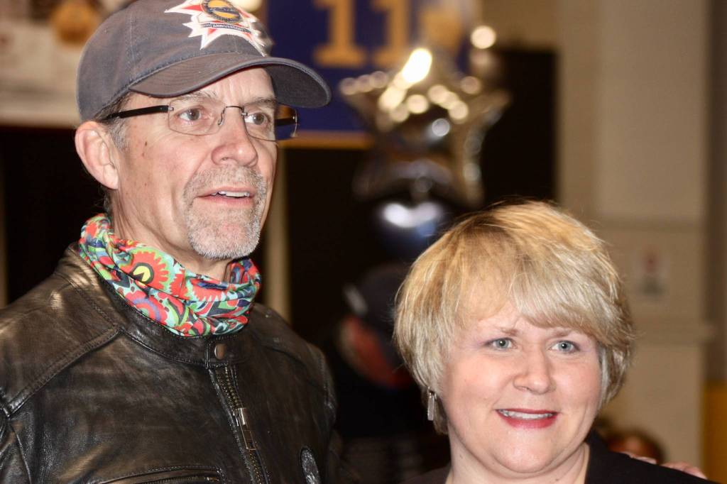 Kyle Petty stops by to meet and talk to Kent Mayor Dana Ralph before beginning his annual Charity Ride Across America. Ralph welcomed and thanked Petty for his visit and efforts. MARK KLAAS, Kent Reporter