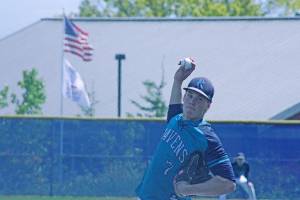 Auburn Riversides Ty Emmons delivers a pitch during district playoff action against Bellarmine Prep on Saturday. MARK KLAAS, Auburn Reporter