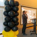 Crow With Fries artist Peter Reiquam speaks to the audience during an artist reception at the Auburn Community and Event Center on May 1. Reiquam is sculpting the city-commissioned public art piece that will land at Les Gove Park on May 31. ROBERT WHALE, Auburn Reporter