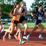 Auburn Riverside sophomore Jasmin Muneton, far right, paces the pack in the NPSL 3,200-meter final at Auburn Memorial Stadium on May 9. Muneton finished second in the race in 11 minutes, 46.07 seconds. She was seventh in the 1,600 at 5:26.93. RACHEL CIAMPI, Reporter