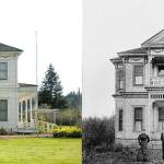 Now and then: A family legacy endures at Neely Mansion. In a 2010 photo are, from left, Ken Beckman, Aaron Beckman, Grant Beckman, Howard Elliot Neely and Jane Neely Beckman. Howard was the then-93-year-old grandson of Aaron Neely Sr., who built the house. In the right photo, circa mid-1890s, the family of Aaron Sr. and Sarah Neely pose in front of their Green River Valley home, east of Auburn. The young boy, third from left, appears to be Aaron Neely Jr., father of Howard Elliot Neely. Sarah Graham Neely, wife of Aaron, Sr., is on the far right. 2010 photo, courtesy, Karen Meador; 1890s photo, courtesy, Neely Mansion Association.