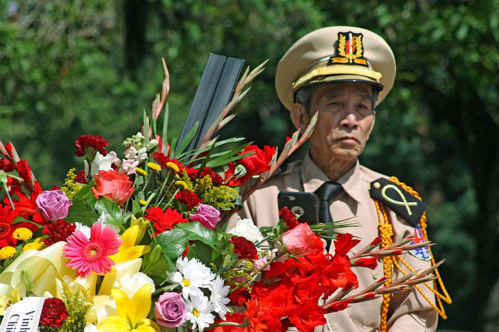 A memorial wreath stands ready for placement at the ceremony. MARK KLAAS, Auburn Reporter