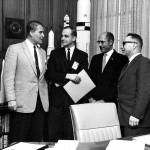 John Winch, second from left, a Boeing engineer working with NASA during the mid-1960s, receives an award from Wernher von Braun, far left, the German-born space scientist whose rocketry enabled the U.S. to make the first manned landing on the moon. Next to Winch are NASAs Bill Miner, assistant director, and his boss, Rudolf Hoelker, far right, deputy director of the Aero Ballistics Lab in the Marshall Space Flight Center at Huntsville, Ala. COURTESY PHOTO, Winch family
