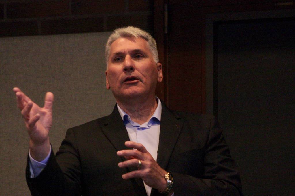 Boeing historian Michael Lombardi speaks about the historical significance of the lunar rover and what it represents for the Kent community during Thursdays public hearing. MARK KLAAS, Kent Reporter