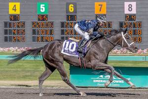 For You Only winning the Angie C Stakes. COURTESY TRACK PHOTO