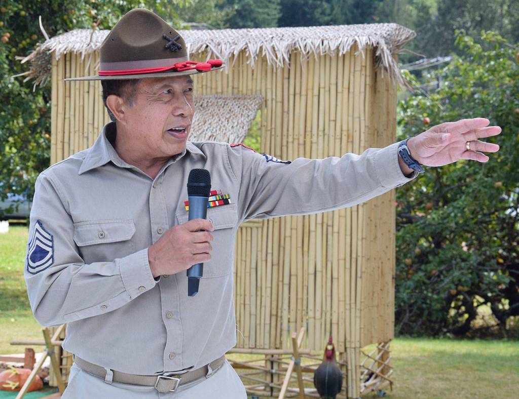 Jose Calugas Jr. – his father was a decorated World War II veteran – talks on stage. RACHEL CIAMPI, Auburn Reporter
