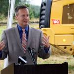 King County Councilmember Dave Upthegrove talks Thursday about the benefits of the $52 million Lower Russell Setback Levee along the Green River in Kent. STEVE HUNTER, Kent Reporter