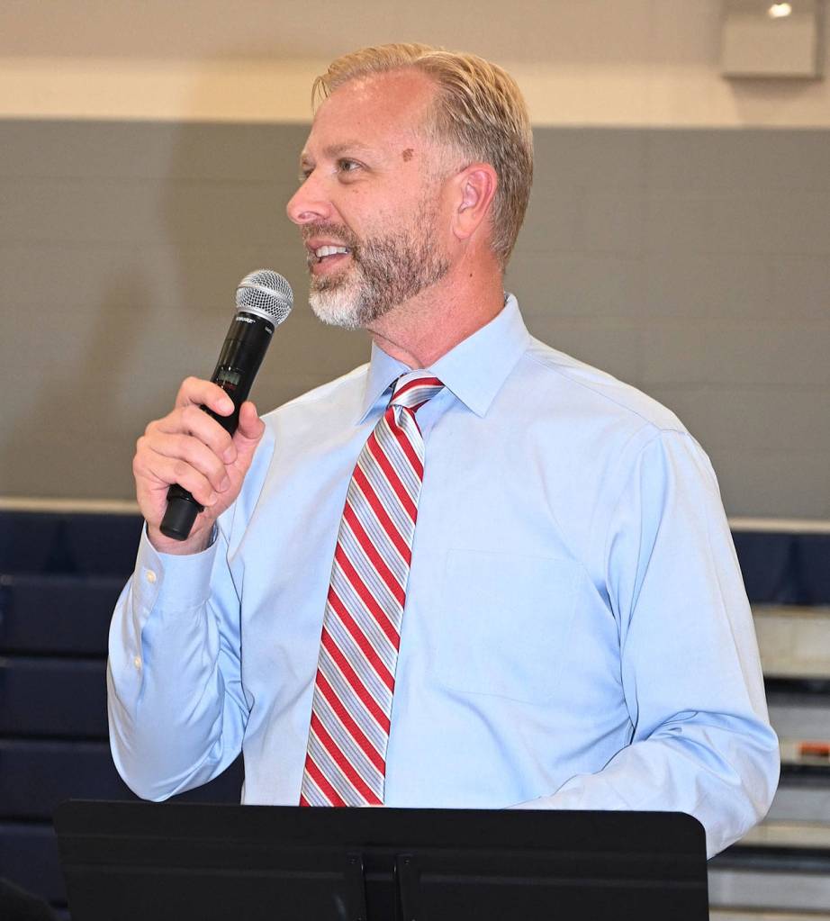 Auburn School District President Ryan Van Quill speaks at the gathering. RACHEL CIAMPI, Auburn Reporter