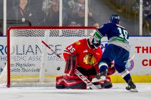 The Thunderbirds Peyton Mount flips the puck past Winterhaws goalie Isaiah DiLaura in the shootout Saturday. COURTESY PHOTO, Brian Liesse, T-Birds