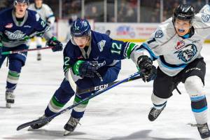Thunderbirds center Henrik Rybinski, left, and Winnipegs Jesse Makaj scramble up the ice during WHL play Tuesday. COURTESY PHOTO, Brian Liesse, T-Birds