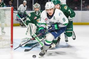 1The Thunderbirds Keltie Jeri-Leon handles the puck in front of the Silvertips Ethan Regnier and goalie Dustin Wolf during WHL action Sunday at the accesso ShoWare Center. COURTESY PHOTO, Brian Liesse, T-Birds