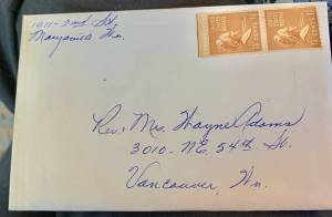 A Christmas card from December 1956 was sealed and stamped. But for some reason it had never been mailed. Courtesy photo