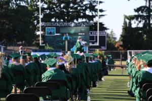 Auburn High School graduates-to-be listen as their class speaker addresses them during Saturday's graduation ceremony at Veterans Memorial Stadium. Courtesy photo.