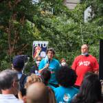 Amy Freedheim gives a speech to county employees and supporters during a march for women's safety at work in Seattle on Friday, Aug. 6, 2021. The march was scheduled after a woman was attacked in a bathroom at the King County Courthouse. Photo by Henry Stewart-Wood/Sound Publishing