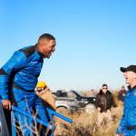 COURTESY PHOTO, Blue Origin
Michael Strahan walks off the New Shepard capsule Dec. 11 in West Texas and is greeted by Blue Origin founder Jeff Bezos after his 10-minute flight into space.