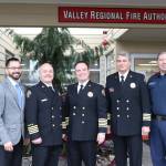 (Left to right) Data analyst Noah Chang, Deputy Chief Rick Olson, Fire Chief Brad Thompson, Deputy Chief Dave Larberg and Captain Tyler Eliason pose for a photo after receiving accreditation on Wednesday, Dec. 15, 2021. Photo courtesy of Valley Regional Fire Authority.